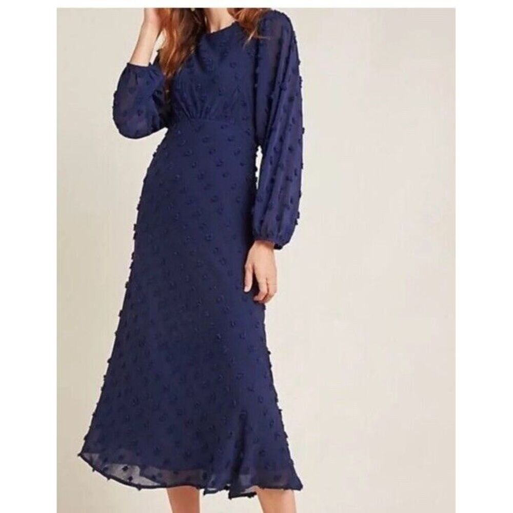 Eri + Ali Anthropologie Navy Textured Polka Dot Long Dress,‎ Sz 14 (US) NWT $160